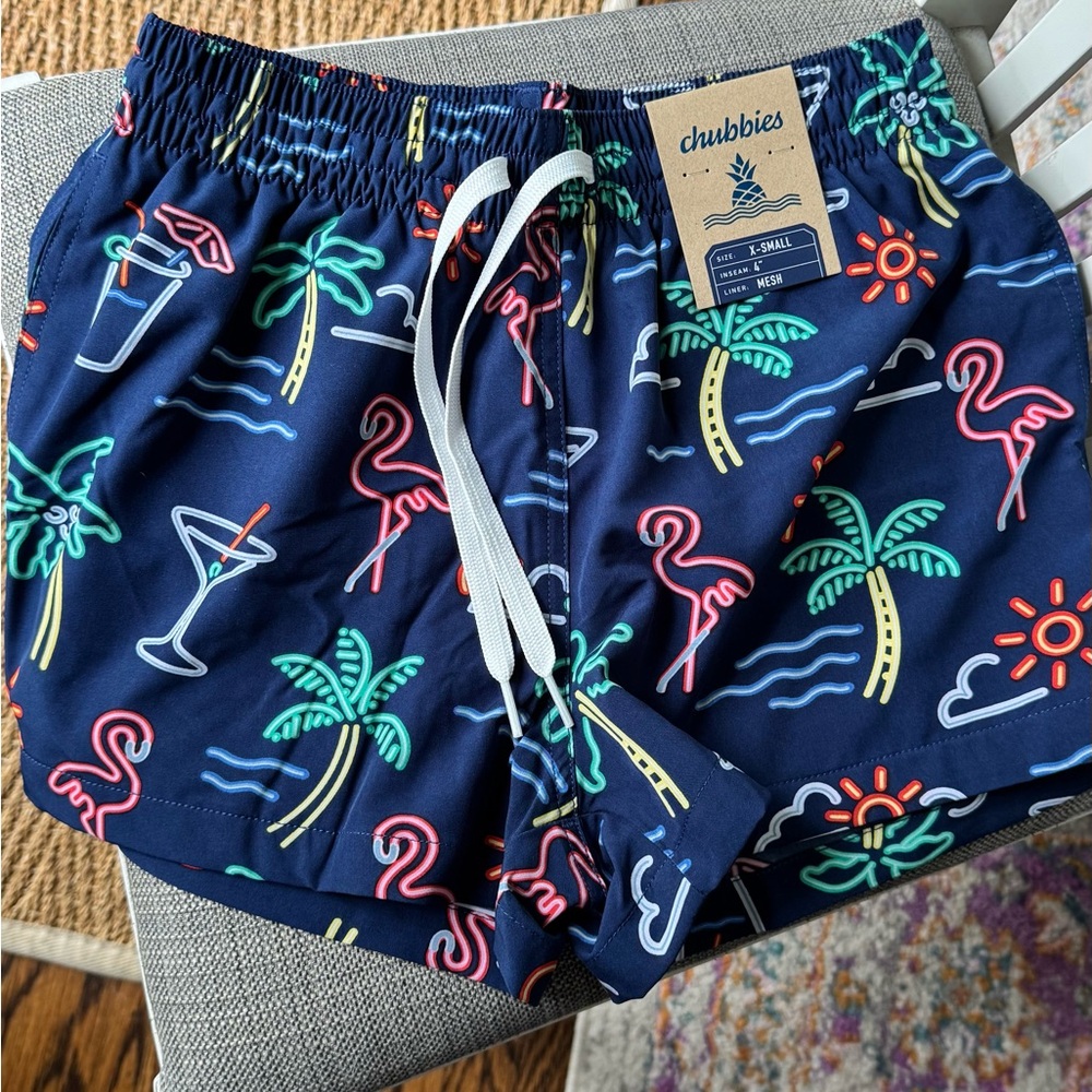 Chubbies Dark Blue Shorts with Neon Tropical Design